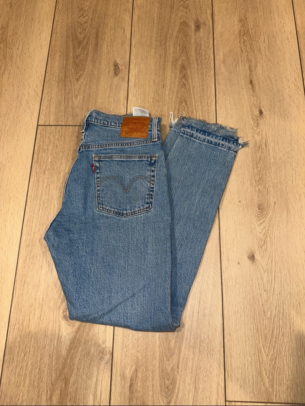 Levi's Medium Blue High-Rise Straight Jeans with Frayed Hem